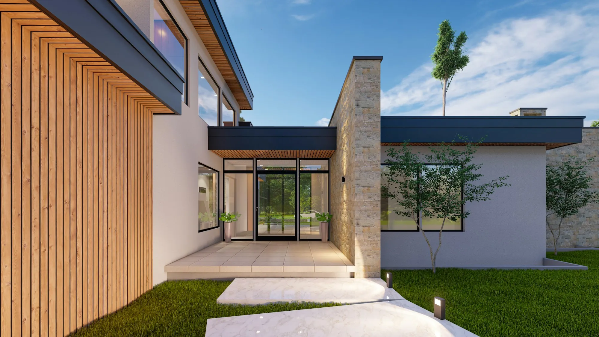 Modern single-story house with wood and stone facade